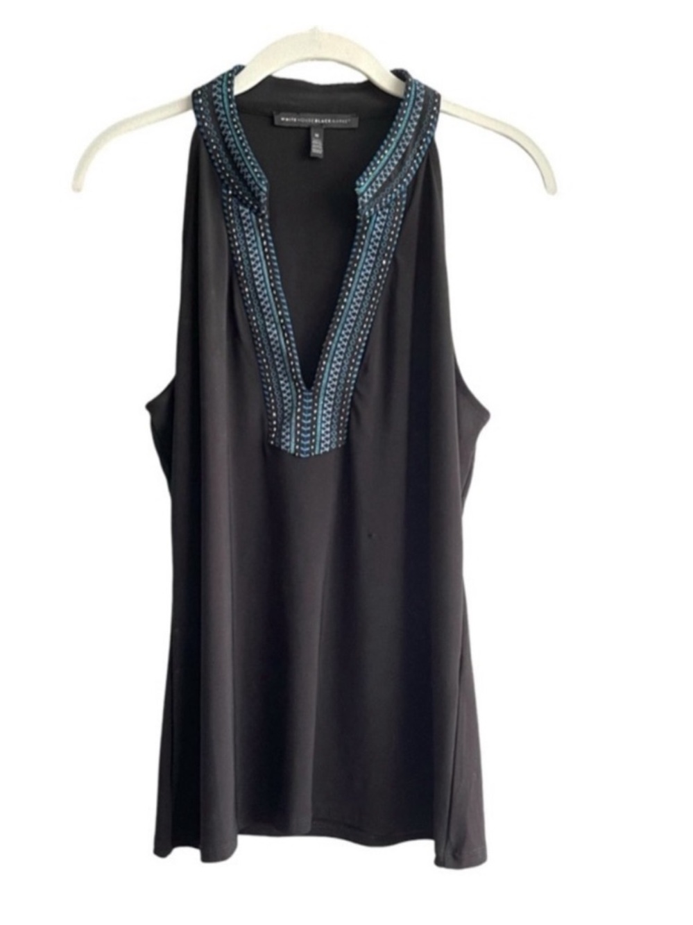 WHBM Sleeveless Blouse Embroidered Split Neck Black Size M